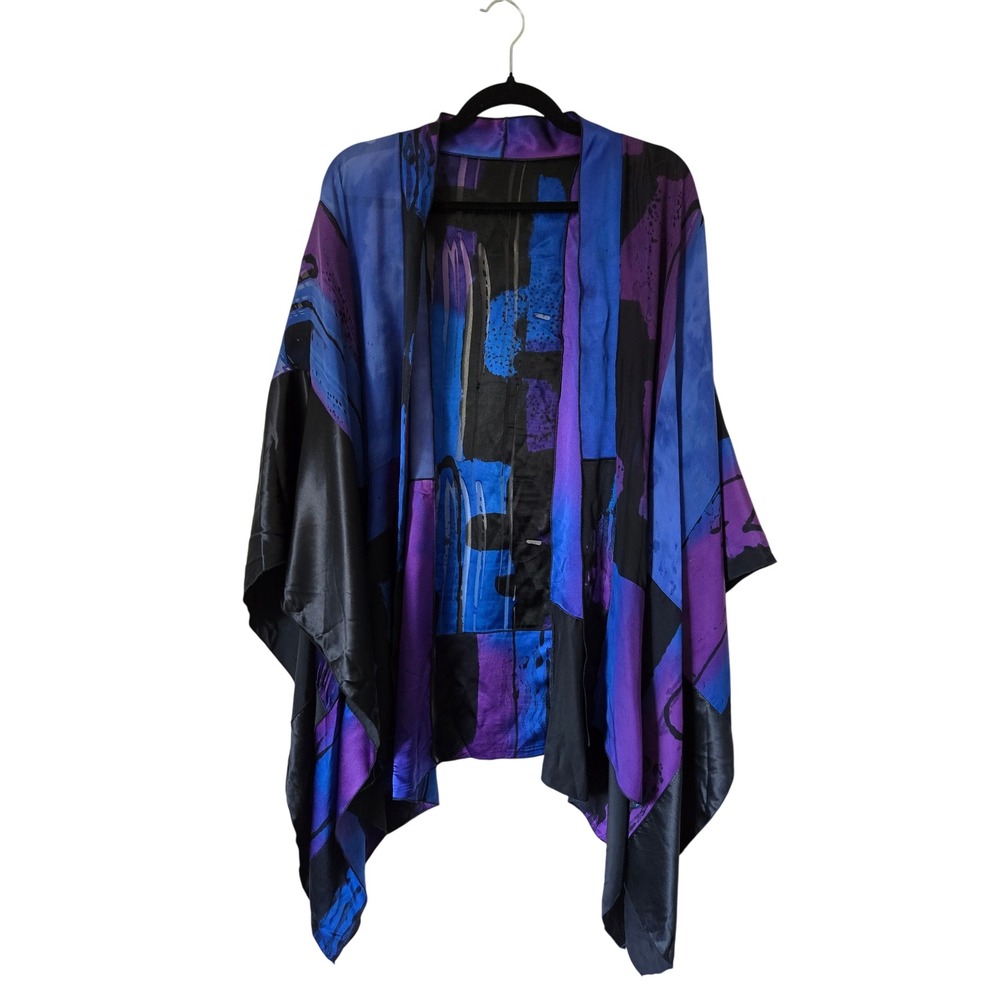 Ego 100% Silk Kimono Wrap Abstract Blue Purple Black Made USA Art To Wear Scarf